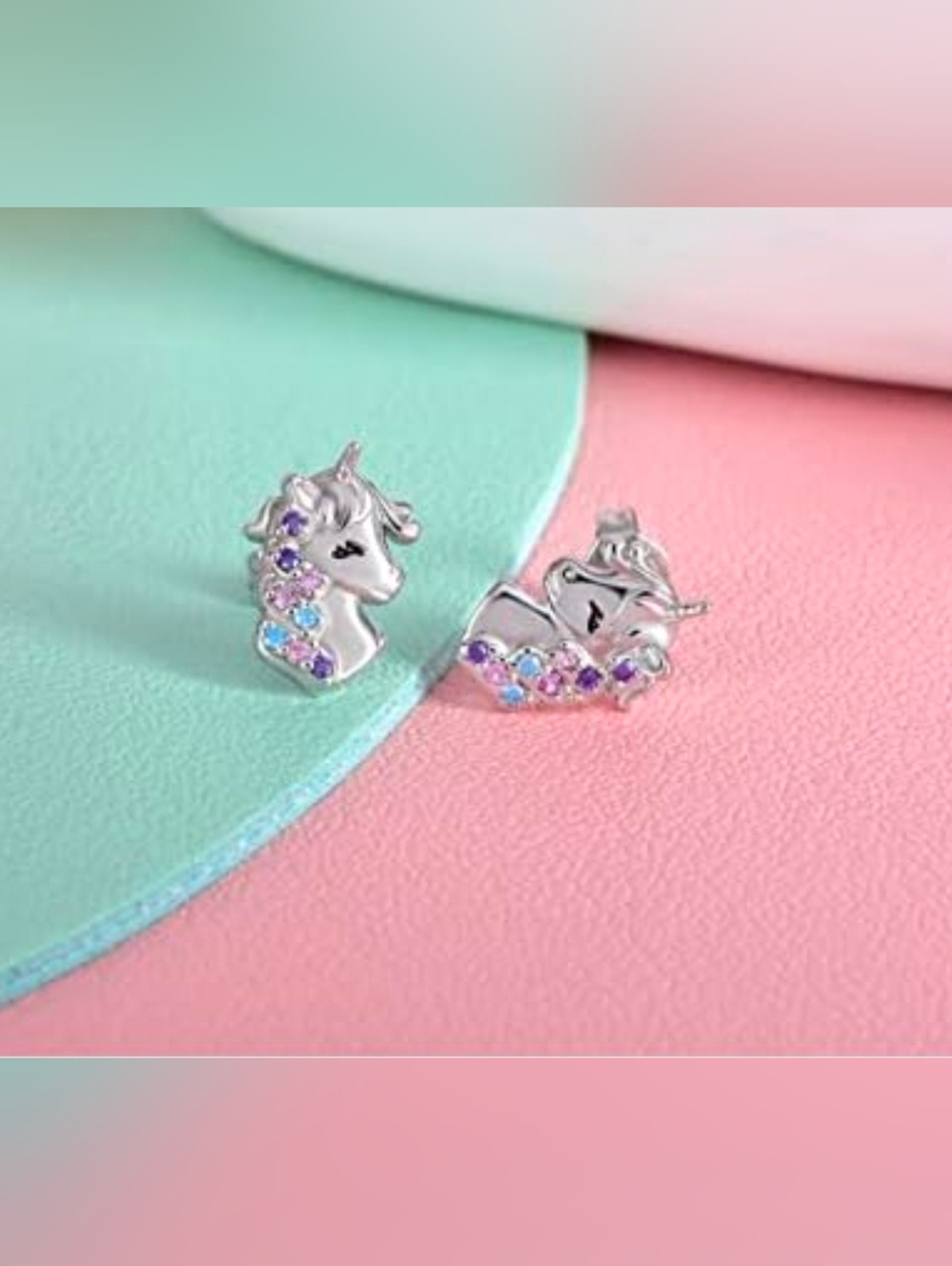 Silver Unicorn Head Stud Earrings, Multi-Colored Stones, Stainless Steel Post